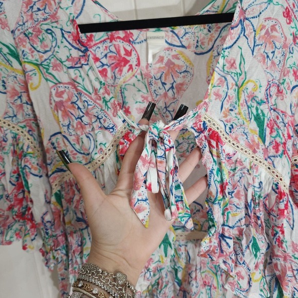 L Space Crop Blouse Womens S Multicolor Paisley Short Flutter Sleeve Tie Front - Picture 6 of 9